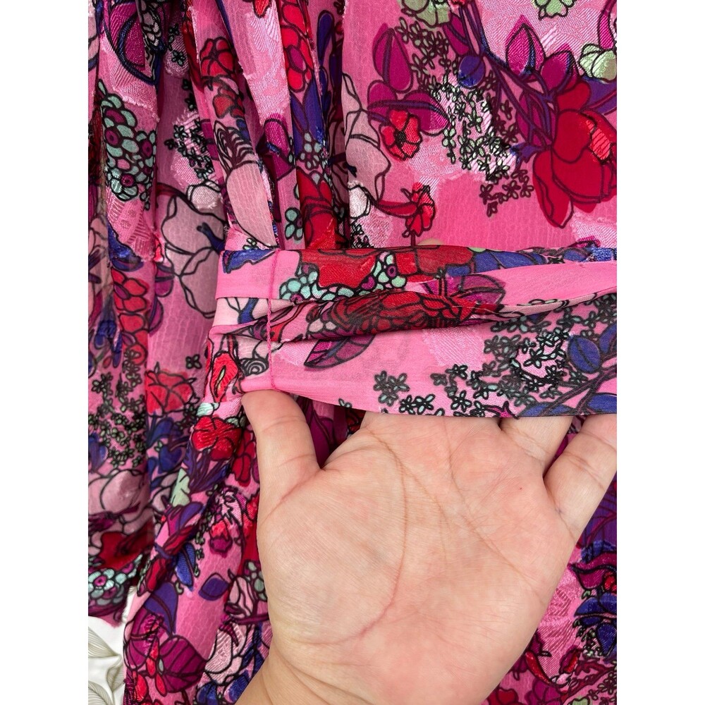 Tanya Taylor Pink Floral Silk-Look Wrap Dress Puff Sleeve Romantic Gardencore 12 - Picture 9 of 12